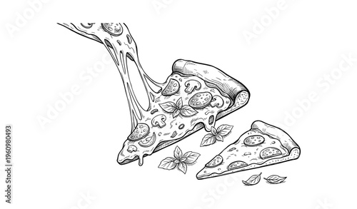 Hand-drawn illustration of cheesy pepperoni pizza slices with basil leaves