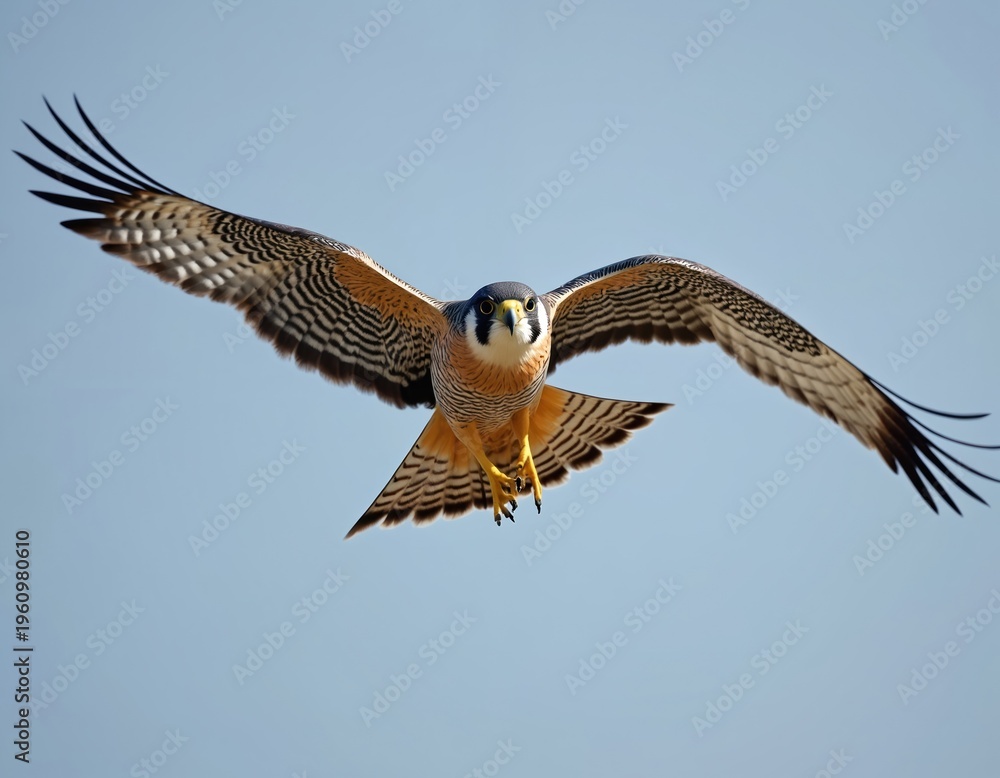 Obraz premium Eurasian hobby bird flies in bright blue sky. Raptor with spread wings shows detailed feathers and sharp talons. Ornithology subject in wild nature.