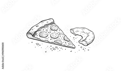Hand-drawn pizza slice and bite-sized croissant with crumbs