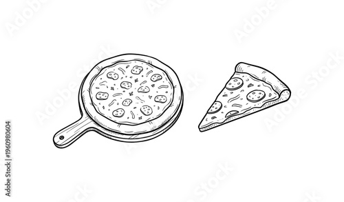 Hand-drawn pizza and slice illustration with toppings on wooden platter