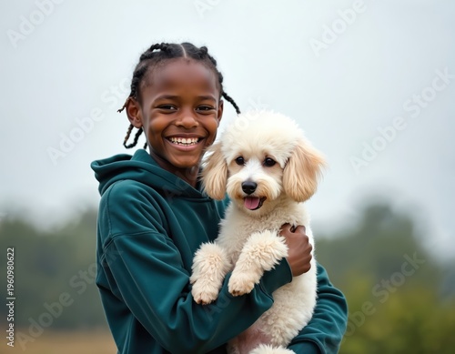 Smiling Black teen boy holds fluffy white dog outdoors. Young owner with pet, happy friendship, day time, casual wear, braids. Joyful kid and canine companion.