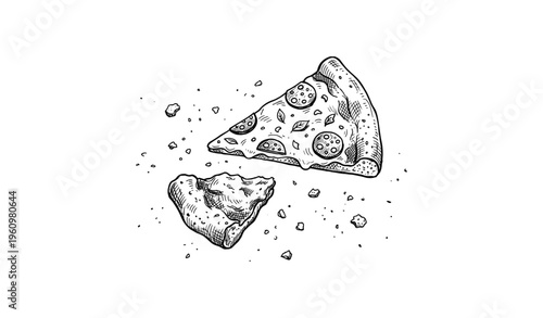 Hand-drawn pizza slice and crust sketch with pepperoni and cheese