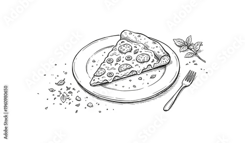 Hand-drawn pepperoni pizza slice on plate with fork and basil leaves