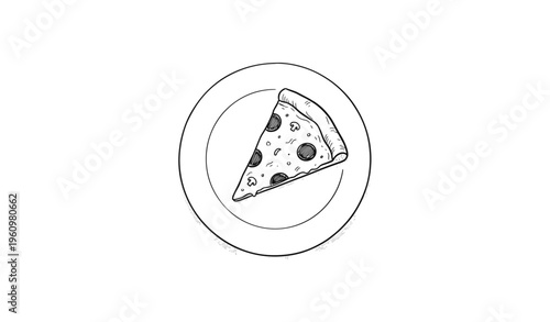 Monochrome sketch of a pepperoni pizza slice on a plate