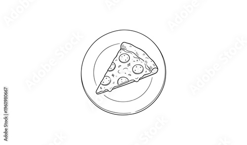 Hand-drawn pepperoni pizza slice on plate illustration
