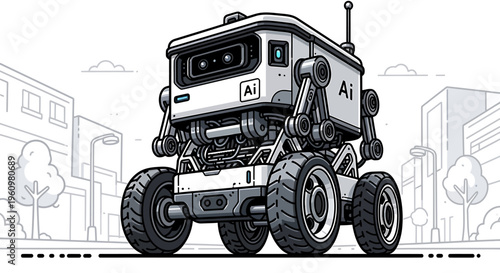 A futuristic robot on a city street.