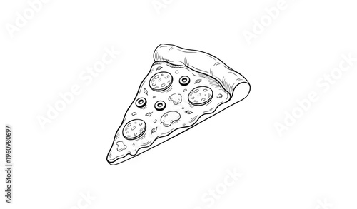 Illustrated pepperoni pizza slice with mushrooms and olives