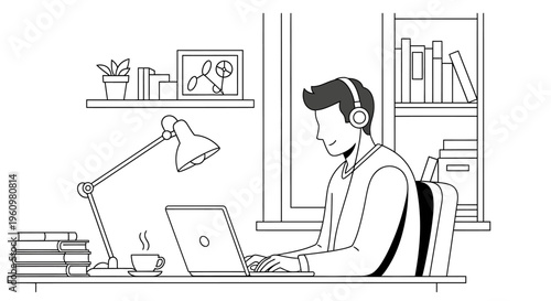 Man working on laptop with headset.