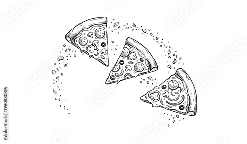 Three hand-drawn slices of decorative pizza with toppings and crumbs