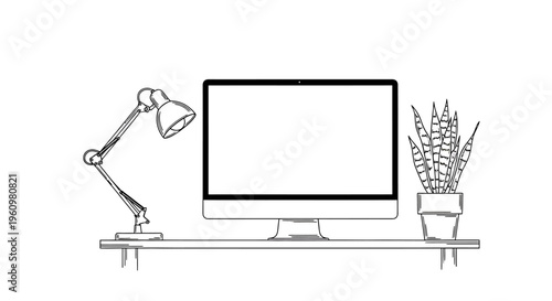 A minimalist desk setup with computer and lamp.