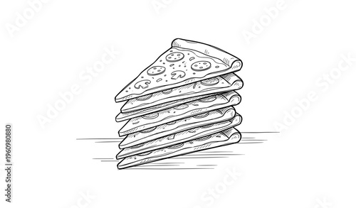 Stack of pizza slices with pepperoni and mushrooms hand-drawn illustration