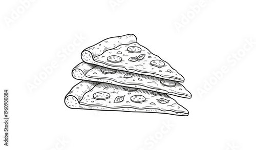 Hand-drawn pizza slices with pepperoni and basil sketch illustration