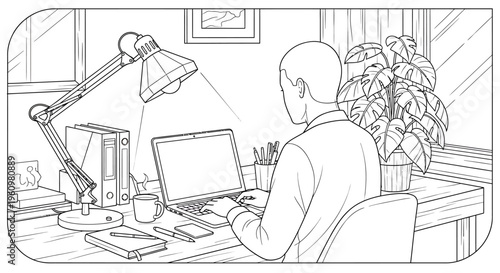 Man working on computer at desk.