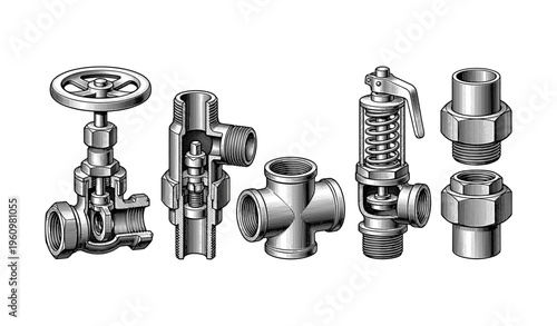 Detailed engineering drawing of industrial metal valves in black and white