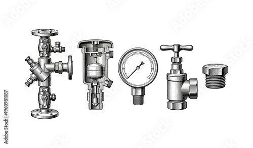 Technical drawing of plumbing valves and gauges with detailed components