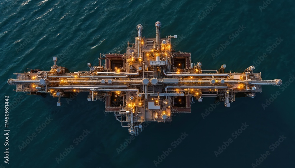 Fototapeta premium Aerial view complex industrial oil gas pipeline system platform. Petrochemical plant refinery structures operate at sea at night. Energy industry infrastructure pumps fuel.
