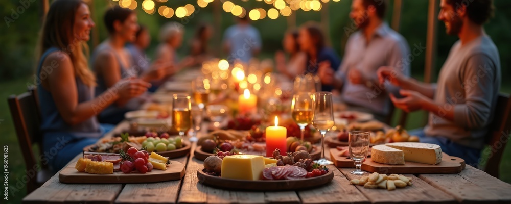 Fototapeta premium People enjoy outdoor dinner party with food and drinks. Friends gather at table with candles, fairy lights. Warm evening celebration, sharing good times, laughter.