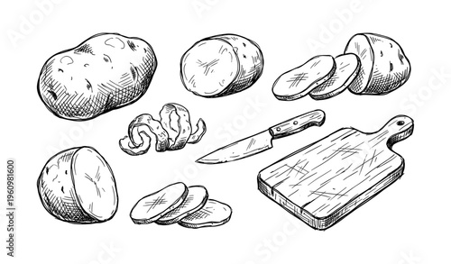 Hand-drawn potatoes and kitchen tools illustration with knife and cutting board