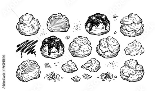 Hand-drawn cream puffs and eclairs with chocolate glaze and whipped filling