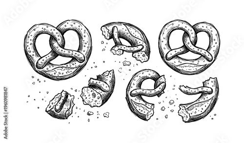 Hand-drawn pretzels with broken pieces and crumbs on white background
