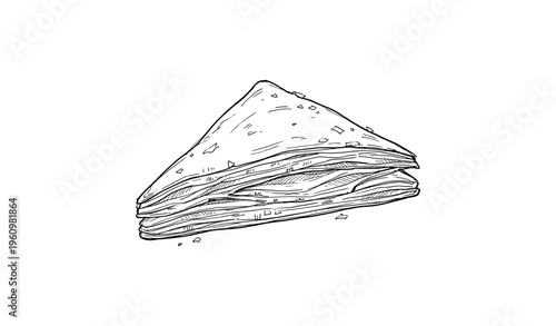 Hand-drawn illustration of a two-layer triangular sandwich with crumbs