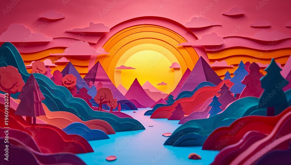 Obraz premium Colorful Papercut Landscape with Mountains and Sunset Background Design