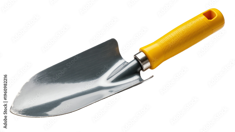 Fototapeta premium Isolated new shiny metal garden hand trowel with bright yellow ribbed handle, essential planting tool