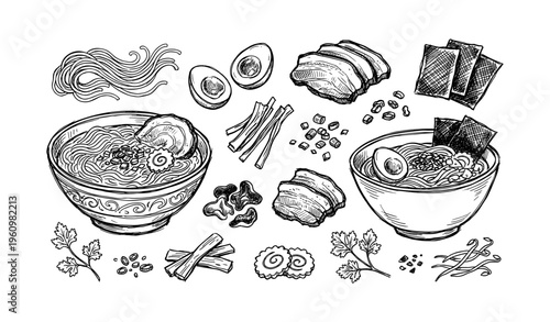Hand-drawn ramen ingredients with bowls, eggs, noodles, and vegetables