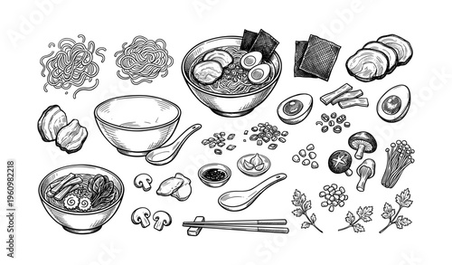 Hand-drawn ramen ingredients and utensils illustration with noodles and broth