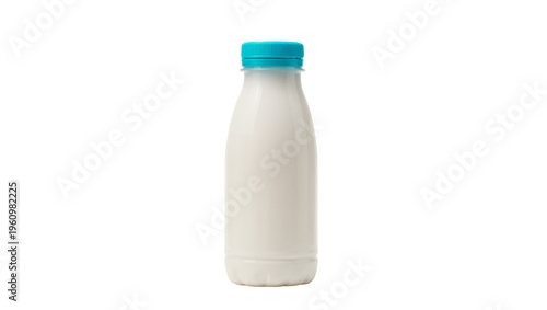 Isolated clear plastic bottle filled with fresh creamy milk and a vibrant teal screw cap.