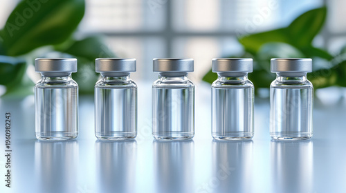 Five glass vials transparent liquid silver cap cosmetic peptide ingredient laboratory clean bright natural light green leaf