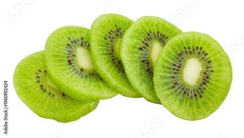 Tableau sur toile Isolated fresh kiwi fruit slices arranged in a row, showing vibrant green pulp a