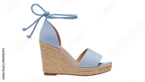 Photography Isolated light blue espadrille wedge sandal with rope ankle ties for summer fash