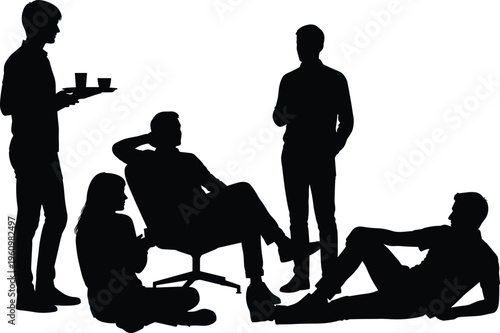 Black silhouette set of man walking in various casual poses, showing side view movement, different steps, and pedestrian motion, isolated