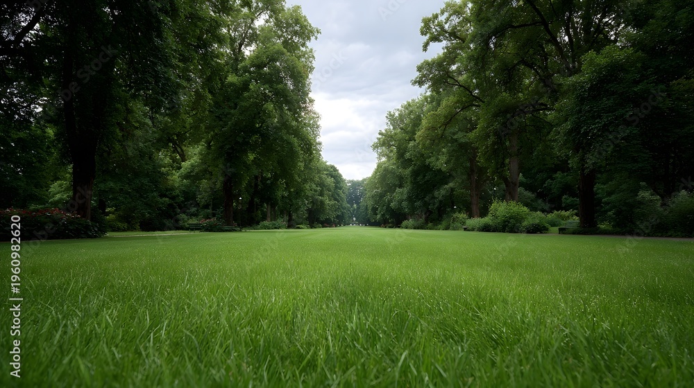 Obraz premium A low angle view of a lush green lawn stretching towards an avenue of tall trees under a cloudy sky in a park setting