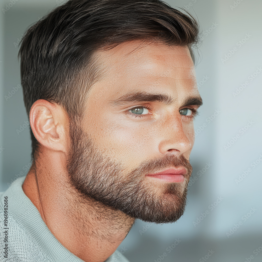 Obraz premium Man handsome mid 30s beard blue eyes closeup portrait masculine confident casual natural light