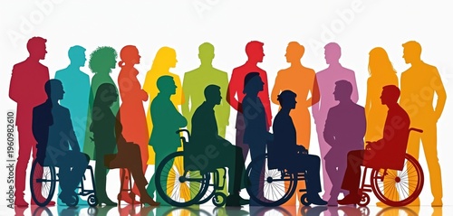 Diverse group of people in silhouette with bright rainbow colors. Figures include individuals in wheelchairs and diverse body types showing unity and inclusion in a team setting.