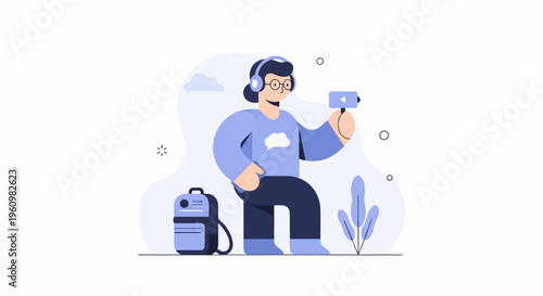 Person wearing headphones films with camera, backpack and plant nearby