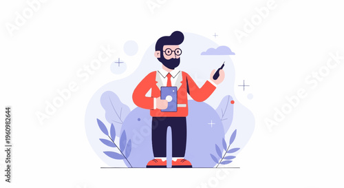 A bearded man in a suit holds a tablet and stylus, gesturing