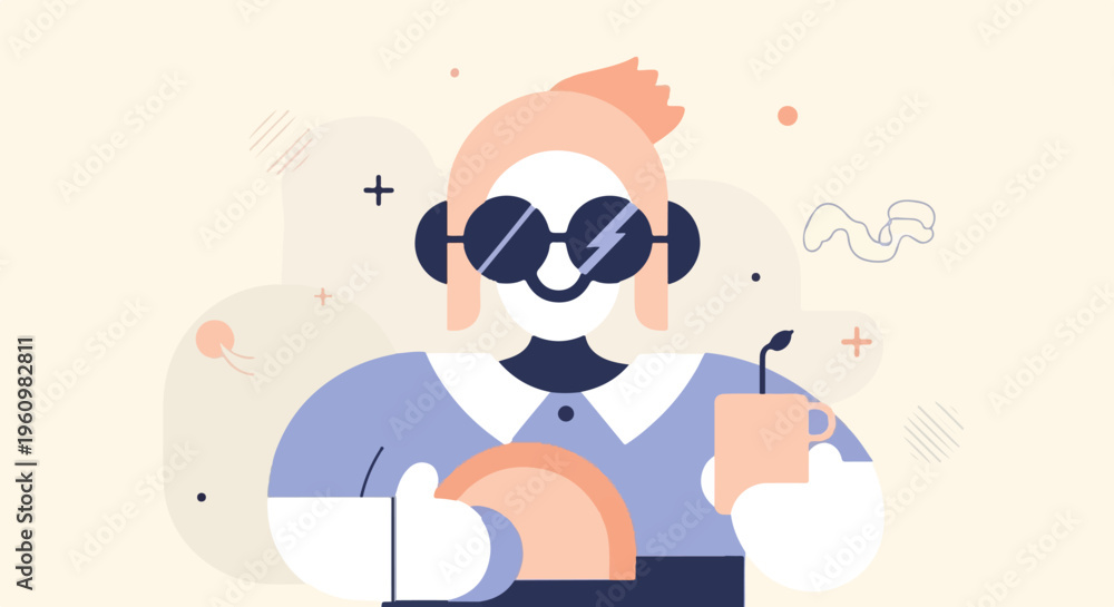 Obraz premium A person in sunglasses holds a mug and plate with abstract shapes