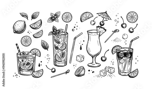 Hand-drawn cocktail illustrations with lemons, glasses, and garnishes