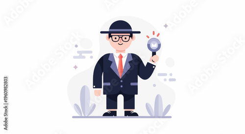 A person in a suit and hat holds a magnifying glass