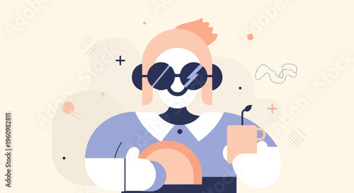 A person in sunglasses holds a mug and plate with abstract shapes