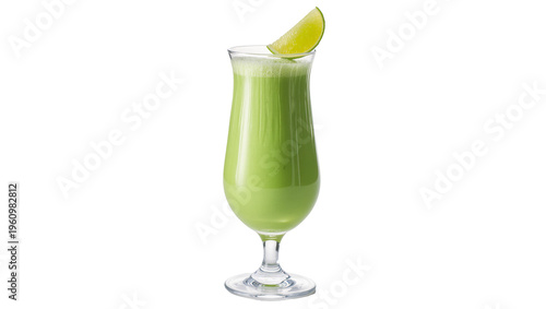 Isolated vibrant green healthy beverage in a stemmed glass, garnished with a fresh lime wedge