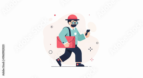 A man in a red hat and glasses walks with a briefcase and phone