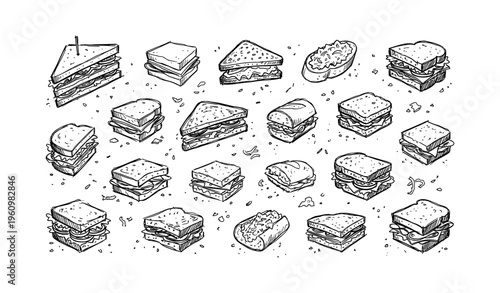 Assorted hand-drawn sandwich designs: creative sketch collection of various sandwich styles