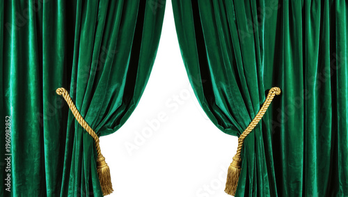 Fotografie Isolated luxurious green velvet theater curtains tied back with golden decorativ