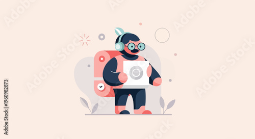 A cartoon character in headphones and glasses holds a record and wears a backpack