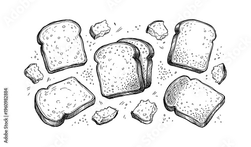 Hand-drawn sliced bread and crumbs illustration on white background