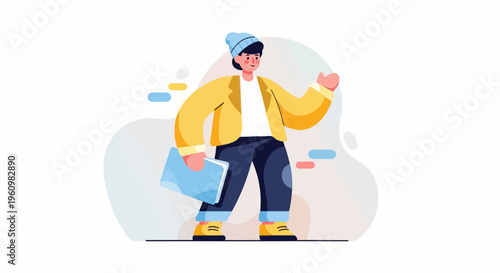 A person wearing a hat and jacket, holding a folder and giving a thumbs up